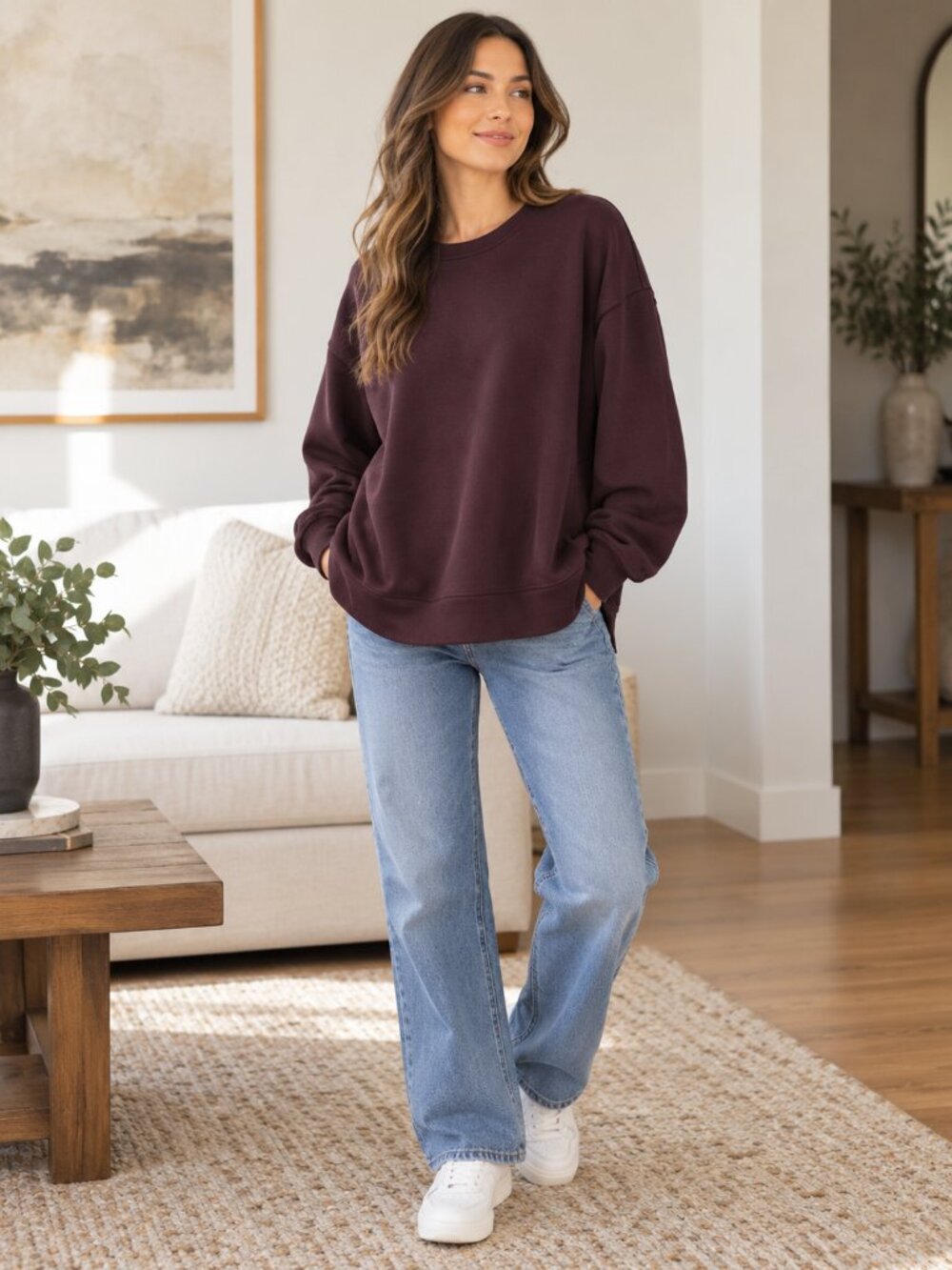 Spanx AirEssentials Crewneck Sweatshirt Oversized Burgundy M